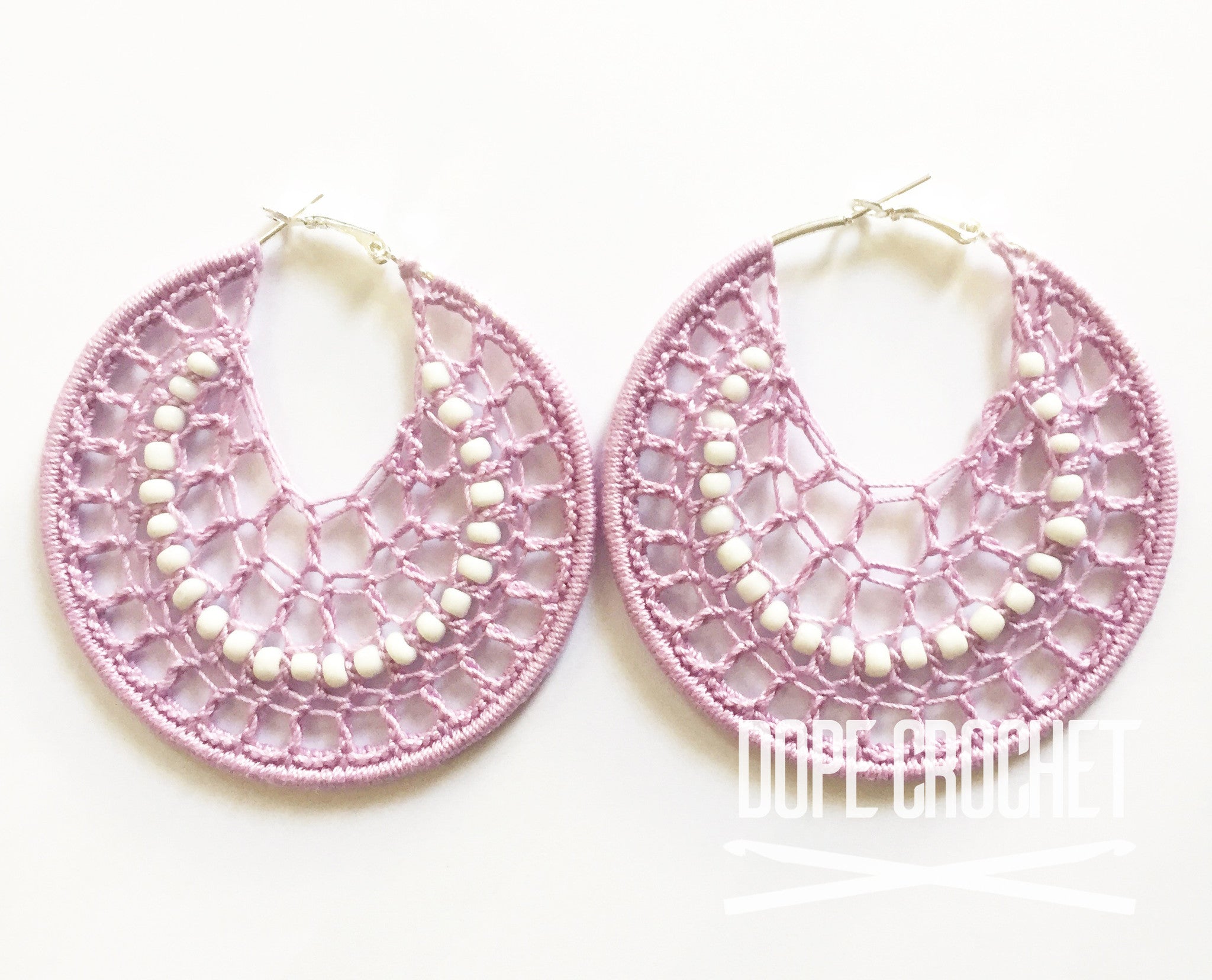 Lavender Beaded Crochet Hoops with White Beads
