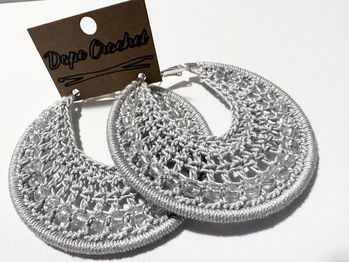 Gray Beaded Crochet Hoops with Glass Beads