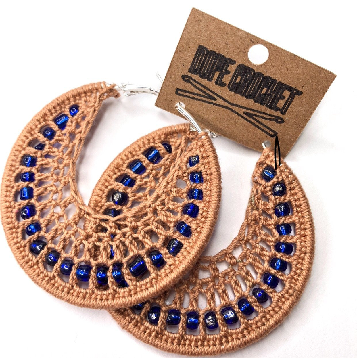 Tan Beaded Crochet Hoops with Blue Glass Beads